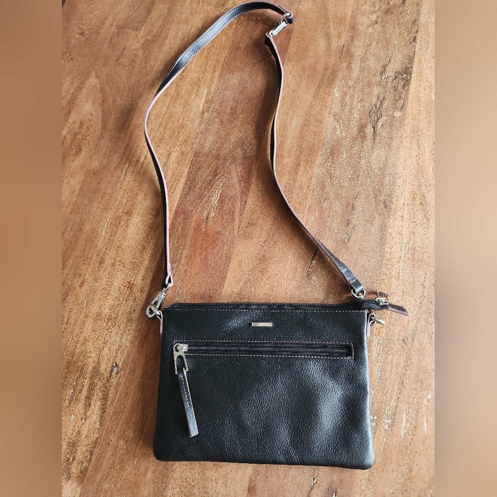 Lodis Audrey Black And Lavender Trim Pebbled Leather Crossbody Bag